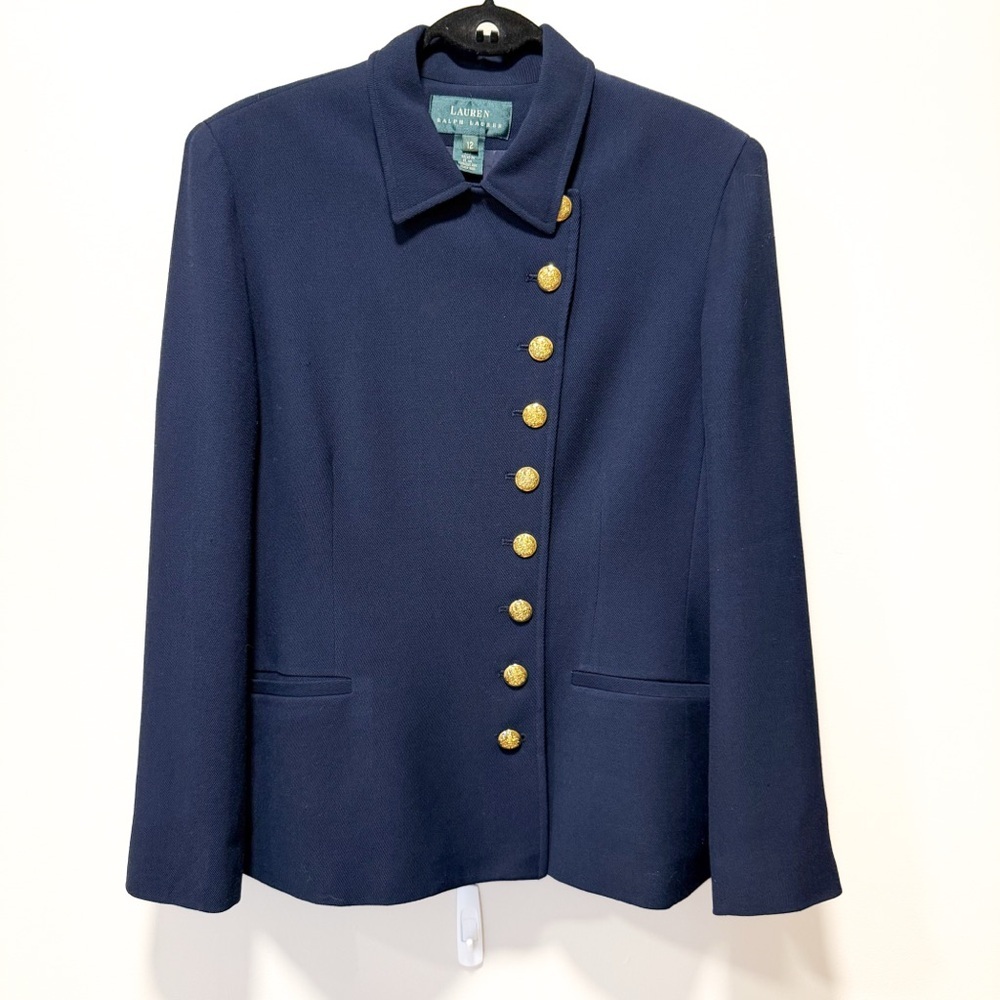 Vintage Lauren Ralph Lauren Asymmetrical Gold Button Wool Blazer Navy | 12 RARE - Picture 2 of 10